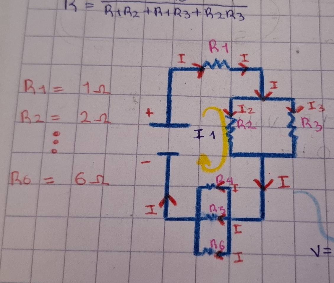 R=overline R_1R_2+R_1R_3+R_2R_3
R1
I 
I
R_1=1Omega
I
R_2=2Omega
I_2
I_3
2 
B3

R_0=6Omega
I 
I 
as 
I 
no 
I
V=