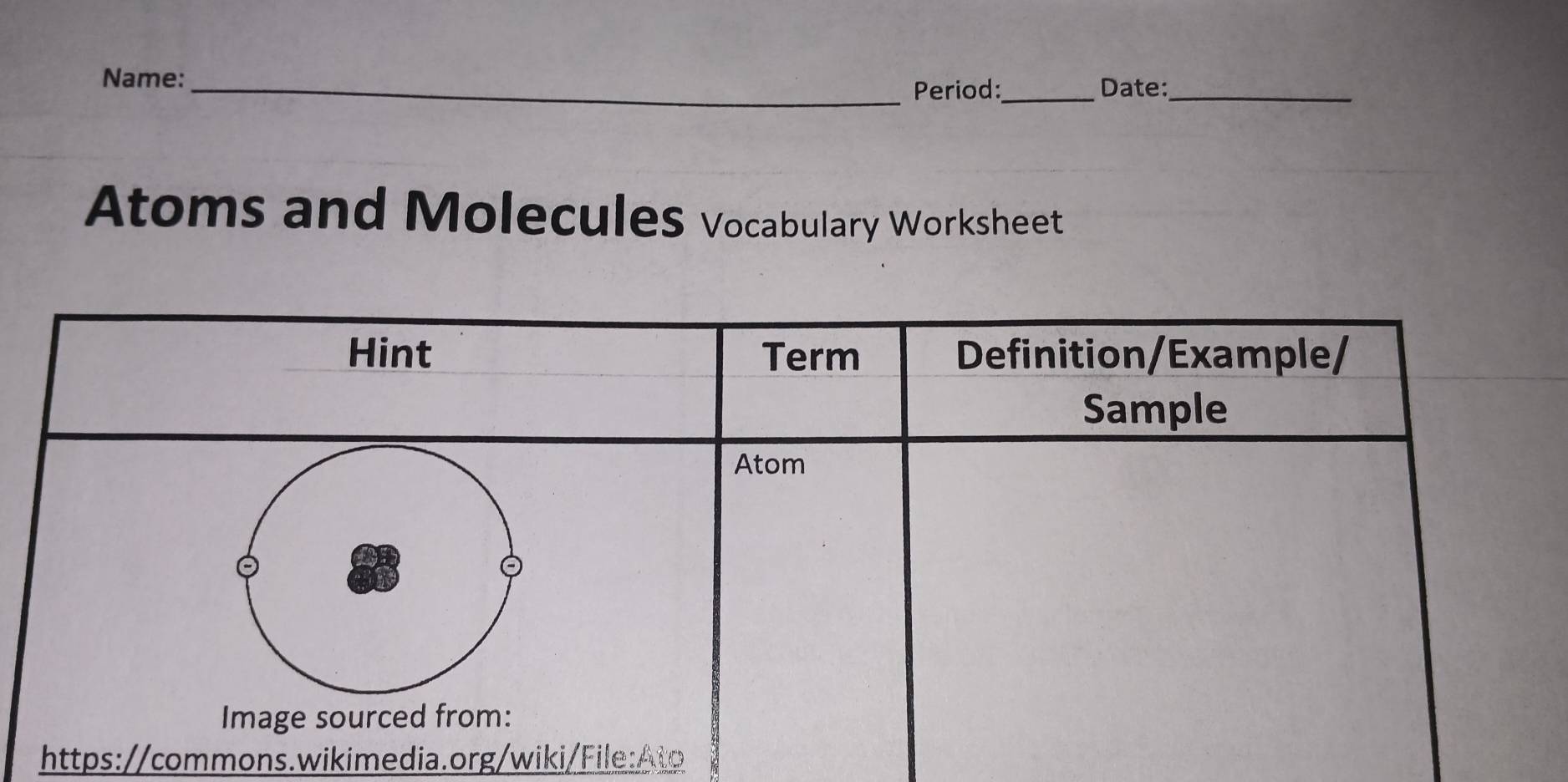 Name:_ 
Period:_ Date:_ 
Atoms and Molecules Vocabulary Worksheet 
https://commons.wikimedia.org/wiki/File:Ato