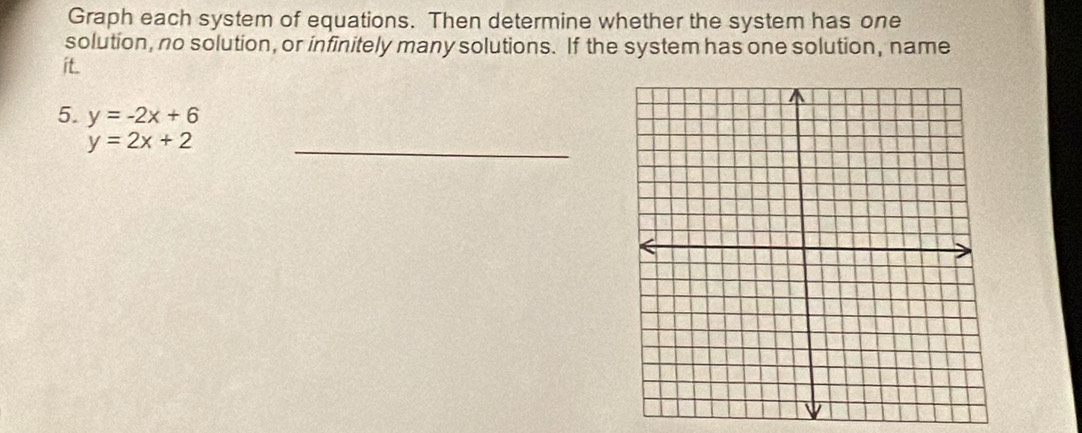 Graph each system of equations. Then determine whether the system has one
solution, no solution, or infinitely many solutions. If the system has one solution, name
it.
5. y=-2x+6
y=2x+2
_