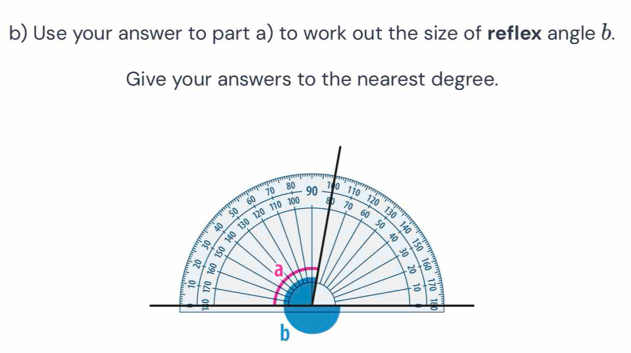 Use your answer to part a) to work out the size of reflex angle b. 
Give your answers to the nearest degree.
70
120
'''''' '''' 60 80 90 1 0 110
110 100 80 70
50 120 60
40 130 50
E 30 140

3
a
g

b