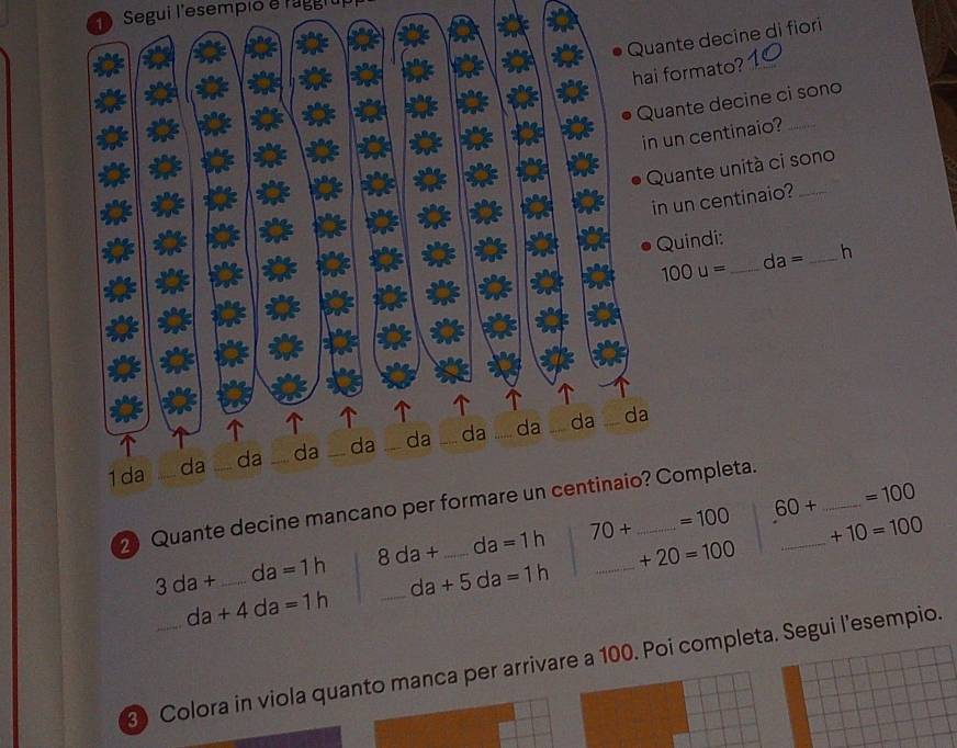 Segui l'esempio e raggrup 
te decine di fiori 
rmato?_ 
nte decine ci sono 
n centinaio?_ 
ante unità ci sono 
un centinaio?_ 
uindi:
100u= _ da= _ h 
2 Quante decine mancano per formare un centinaio? Completa._
60+ _  =100
3da+ _ da=1h 8da+ _ _ da=1h 70+ _  =100
+10=100
+20=100
da+5da=1h
da+4da=1h
Colora in viola quanto manca per arrivare a 100. Poi completa. Segui l'esempio.