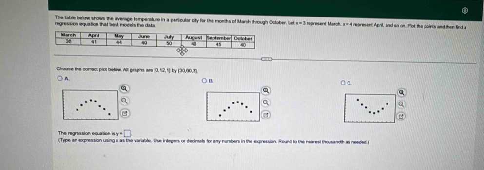 The table below shows the average temperature in a particular city for the months of March through October. Let x=3
regression equation that best models the data. represent March x=4 represent April, and so on. Plot the points and then find a 
Choose the correct plot below. All graphs are [0,12,1] by [30,60,3]
) B. 
c 
The regression equation is y=□. 
(Type an expression using x as the variable. Use integers or decimals for any numbers in the expression. Round to the nearest thousandth as needed.)