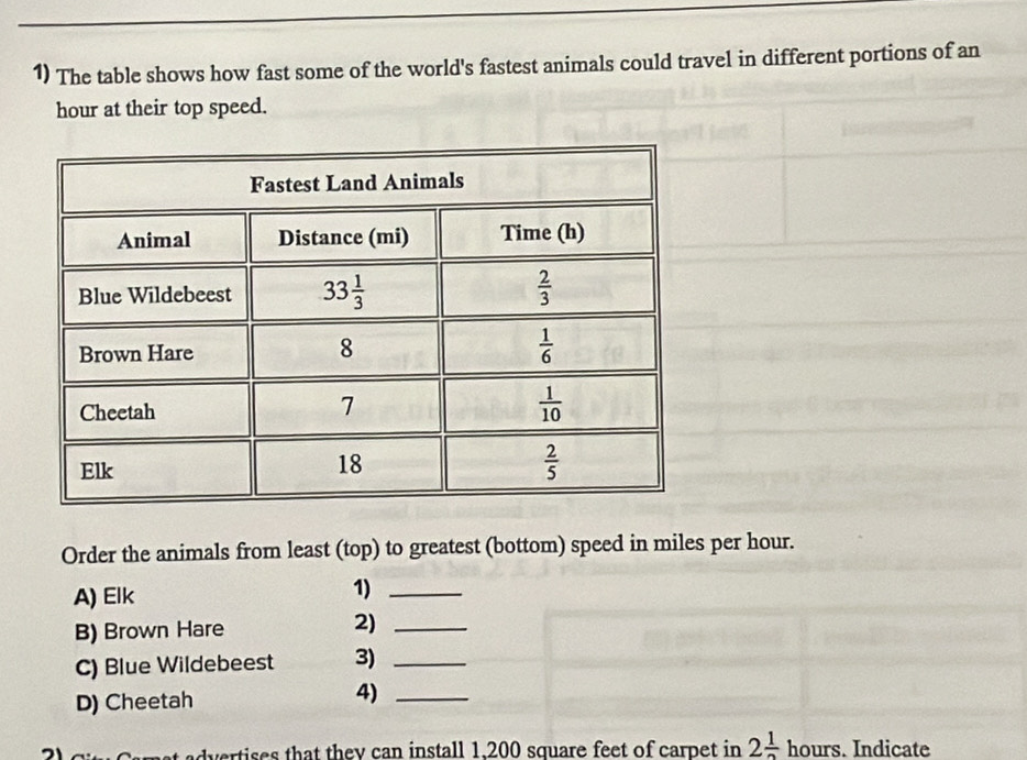 The table shows how fast some of the world's fastest animals could travel in different portions of an
hour at their top speed.
Order the animals from least (top) to greatest (bottom) speed in miles per hour.
A) Elk
1)_
B) Brown Hare
2)_
C) Blue Wildebeest 3)_
D) Cheetah
4)_
dvertises that they can install 1.200 square feet of carpet in 2 1/2  hours. Indicate