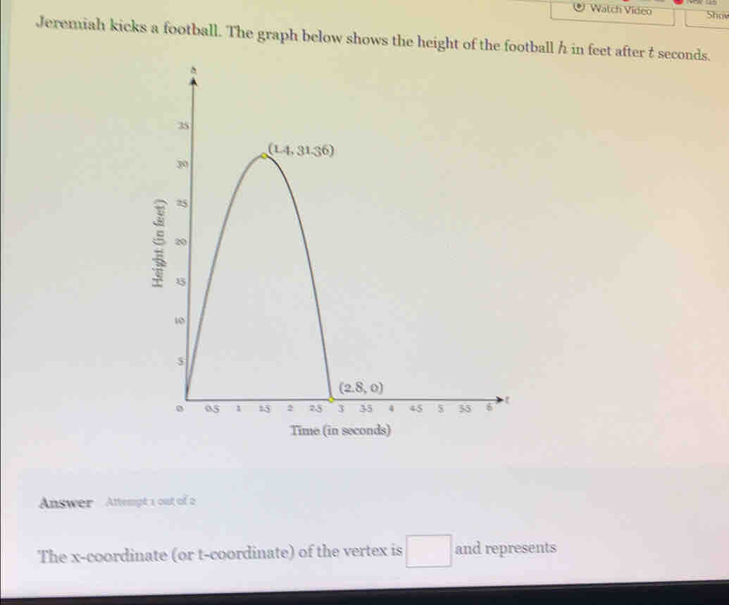 Watch Video Shov
Jeremiah kicks a football. The graph below shows the height of the football h in feet after t seconds.
Answer Attempt 1 out of 2
The x-coordinate (or t-coordinate) of the vertex is and represents