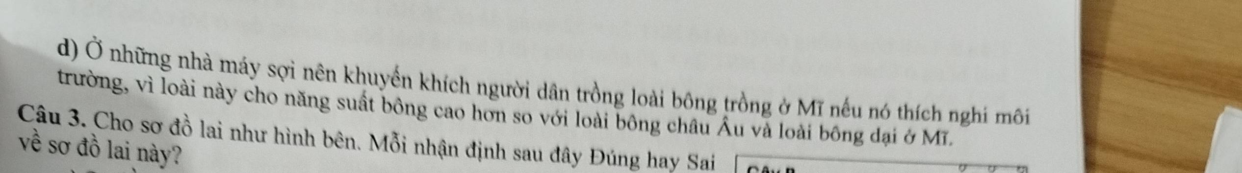 Ở những nhà máy sợi nên khuyến khích người dân trồng loài bông trồng ở Mĩ nếu nó thích nghi môi 
trường, vì loài này cho năng suất bông cao hơn so với loài bông châu Âu và loài bông đại ở MT. 
Câu 3. Cho sơ đồ lai như hình bên. Mỗi nhận định sau đây Đúng hay Sai 
về sơ đồ lai này?