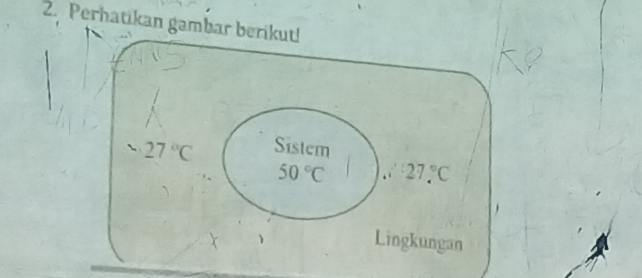 Perhatikan gambar berikut!
27°C
Sistem
50°C
27.^circ C
Lingkungan