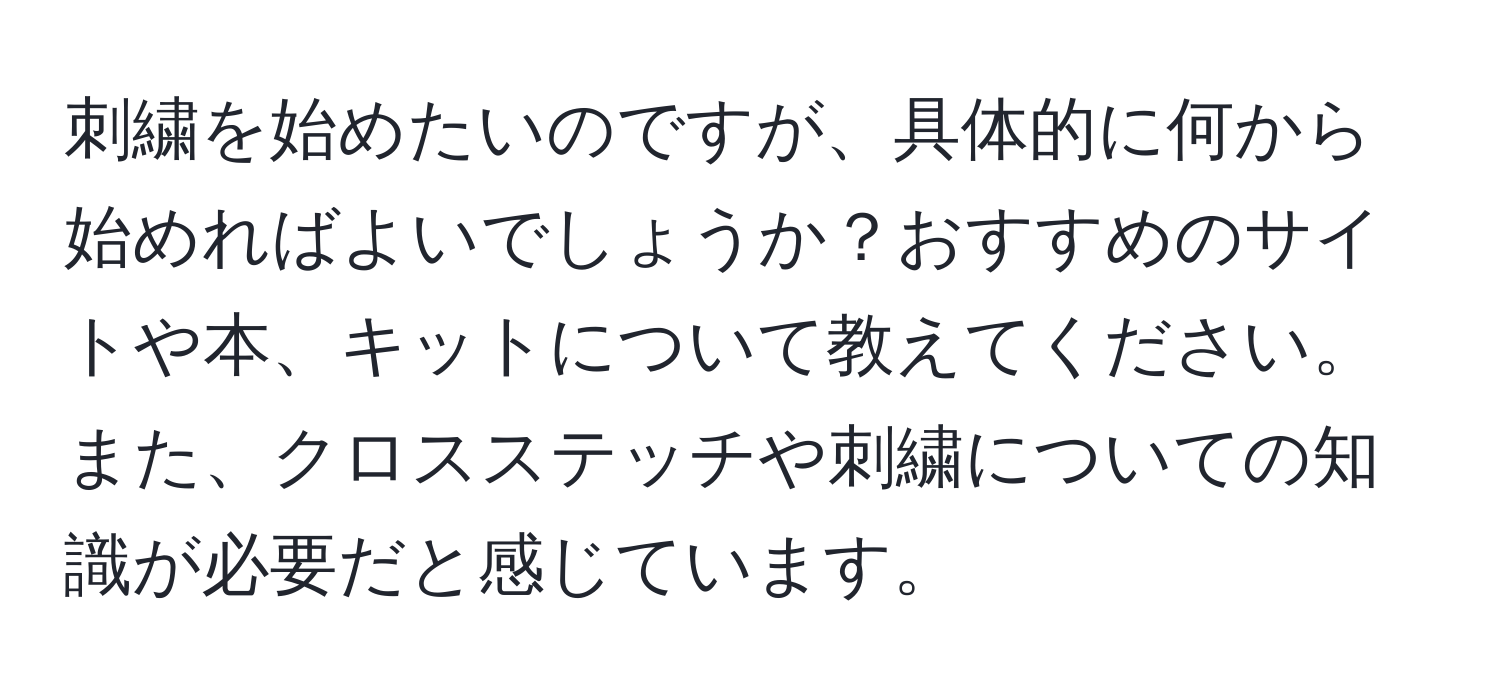 刺繍を始めたいのですが、具体的に何から始めればよいでしょうか？おすすめのサイトや本、キットについて教えてください。また、クロスステッチや刺繍についての知識が必要だと感じています。