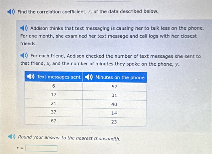 Find the correlation coefficient, r, of the data described below. 
Addison thinks that text messaging is causing her to talk less on the phone. 
For one month, she examined her text message and call logs with her closest 
friends. 
For each friend, Addison checked the number of text messages she sent to 
that friend, x, and the number of minutes they spoke on the phone, y. 
Round your answer to the nearest thousandth.
r=□