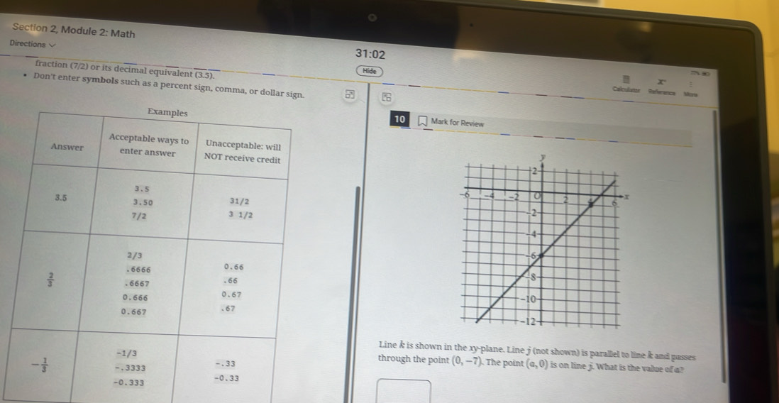 Section 2, Module 2: Math
Directions
31:02
fraction (7/2) or its decimal equivalent (3.5).
x
Hide Calculator Refference More
Don't enter symbols such as a percent sign, comma, or dollar si
6
10 Mark for Review
 
 
 
Linek is shown in the xy-plane. Line j (not shown) is parallel to line k and passes
through the point (0,-7). The point
(a,0) is on line j. What is the value of a?