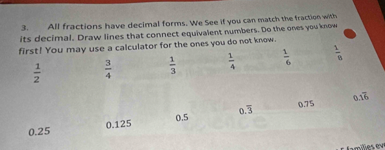 All fractions have decimal forms. We See if you can match the fraction with 
its decimal. Draw lines that connect equivalent numbers. Do the ones you know 
first! You may use a calculator for the ones you do not know.
 1/2 
 3/4 
 1/3   1/4   1/6   1/8 
0.overline 3 0.75 0.1overline 6
0.5
0.25 0.125