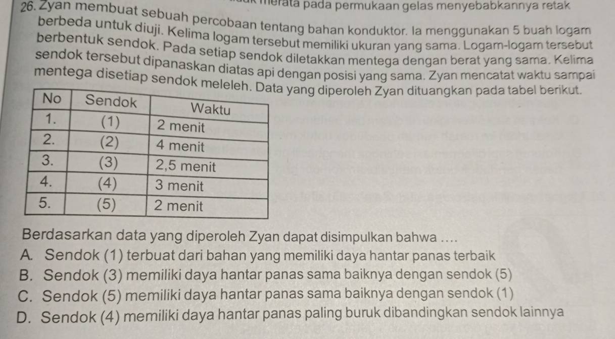 meratá pada permukaan gelas menyebabkannya retak 
26. Zyan membuat sebuah percobaan tentang bahan konduktor. la menggunakan 5 buah logam
berbeda untuk diuji. Kelima logam tersebut memiliki ukuran yang sama. Logam-logam tersebut
berbentuk sendok. Pada setiap sendok diletakkan mentega dengan berat yang sama. Kelima
sendok tersebut dipanaskan diatas api dengan posisi yang sama. Zyan mencatat waktu sampai
mentega disetiap sendok myang diperoleh Zyan dituangkan pada tabel berikut.
Berdasarkan data yang diperoleh Zyan dapat disimpulkan bahwa ....
A. Sendok (1) terbuat dari bahan yang memiliki daya hantar panas terbaik
B. Sendok (3) memiliki daya hantar panas sama baiknya dengan sendok (5)
C. Sendok (5) memiliki daya hantar panas sama baiknya dengan sendok (1)
D. Sendok (4) memiliki daya hantar panas paling buruk dibandingkan sendok lainnya