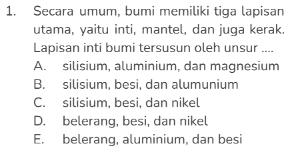 Secara umum, bumi memiliki tiga lapisan
utama, yaitu inti, mantel, dan juqa kerak.
Lapisan inti bumi tersusun oleh unsur ....
A. silisium, aluminium, dan magnesium
B. silisium, besi, dan alumunium
C. silisium, besi, dan nikel
D. belerang, besi, dan nikel
E. belerang, aluminium, dan besi