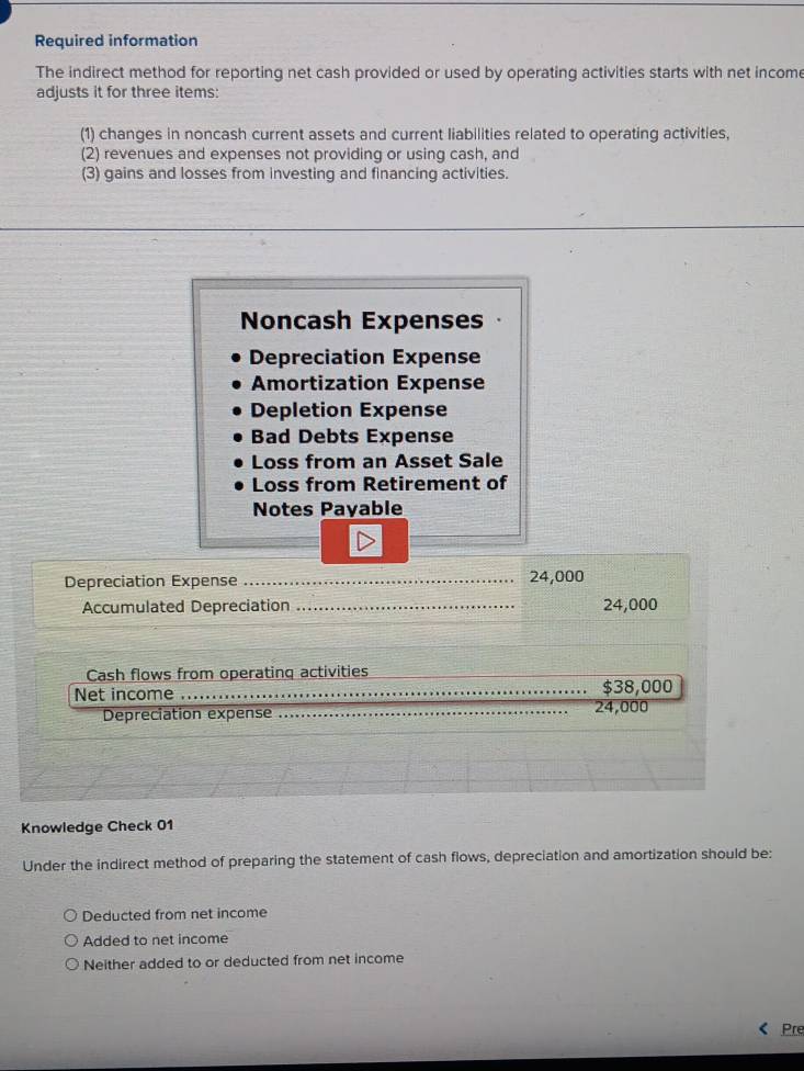 Required information
The indirect method for reporting net cash provided or used by operating activities starts with net income
adjusts it for three items:
(1) changes in noncash current assets and current liabilities related to operating activities,
(2) revenues and expenses not providing or using cash, and
(3) gains and losses from investing and financing activities.
Noncash Expenses
Depreciation Expense
Amortization Expense
Depletion Expense
Bad Debts Expense
Loss from an Asset Sale
Loss from Retirement of
Notes Payable
Depreciation Expense _ 24,000
Accumulated Depreciation _ 24,000
Cash flows from operating activities_
Net income _ $38,000
Depreciation expense _ 24,000
Knowledge Check 01
Under the indirect method of preparing the statement of cash flows, depreciation and amortization should be:
Deducted from net income
Added to net income
Neither added to or deducted from net income
Pre