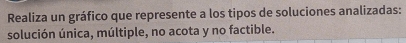Realiza un gráfico que represente a los tipos de soluciones analizadas: 
solución única, múltiple, no acota y no factible.