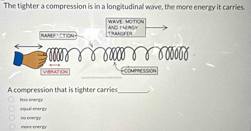 The tighter a compression is in a longitudinal wave, the more energy it carries.
A compression that is tighter carries _.
less energy
equal energy
no energy
more energy