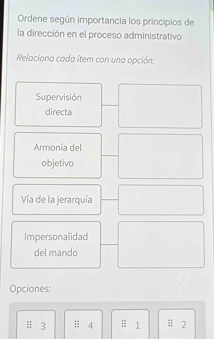 Ordene según importancia los principios de
la dirección en el proceso administrativo
Relaciona cada ítem con una opción:
Supervisión
directa
Armonía del
objetivo
Vía de la jerarquía
Impersonalidad
del mando
Opciones:
3
4 : 1 2