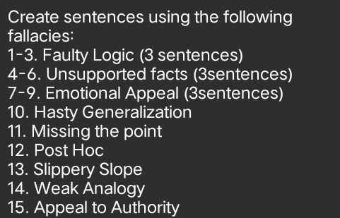 Create sentences using the following 
fallacies: 
1-3. Faulty Logic (3 sentences) 
4-6. Unsupported facts (3sentences) 
7-9. Emotional Appeal (3sentences) 
10. Hasty Generalization 
11. Missing the point 
12. Post Hoc 
13. Slippery Slope 
14. Weak Analogy 
15. Appeal to Authority