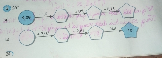 Số?
+ 3,05
a) 9,09 -0,15
- 1,9
+ 3,07 + 2,65 - 8,9 10
b)
24