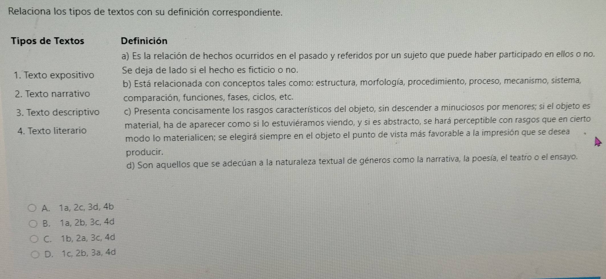 Relaciona los tipos de textos con su definición correspondiente.
Tipos de Textos Definición
a) Es la relación de hechos ocurridos en el pasado y referidos por un sujeto que puede haber participado en ellos o no.
1. Texto expositivo Se deja de lado si el hecho es ficticio o no.
b) Está relacionada con conceptos tales como: estructura, morfología, procedimiento, proceso, mecanismo, sistema,
2. Texto narrativo
comparación, funciones, fases, ciclos, etc.
3. Texto descriptivo c) Presenta concisamente los rasgos característicos del objeto, sin descender a minuciosos por menores; si el objeto es
4. Texto literario
material, ha de aparecer como si lo estuviéramos viendo, y si es abstracto, se hará perceptible con rasgos que en cierto
modo lo materialicen; se elegirá siempre en el objeto el punto de vista más favorable a la impresión que se desea
producir.
d) Son aquellos que se adecúan a la naturaleza textual de géneros como la narrativa, la poesía, el teatro o el ensayo.
A. 1a, 2c, 3d, 4b
B. 1a, 2b, 3c, 4d
C. 1b, 2a, 3c, 4d
D. 1c, 2b, 3a, 4d