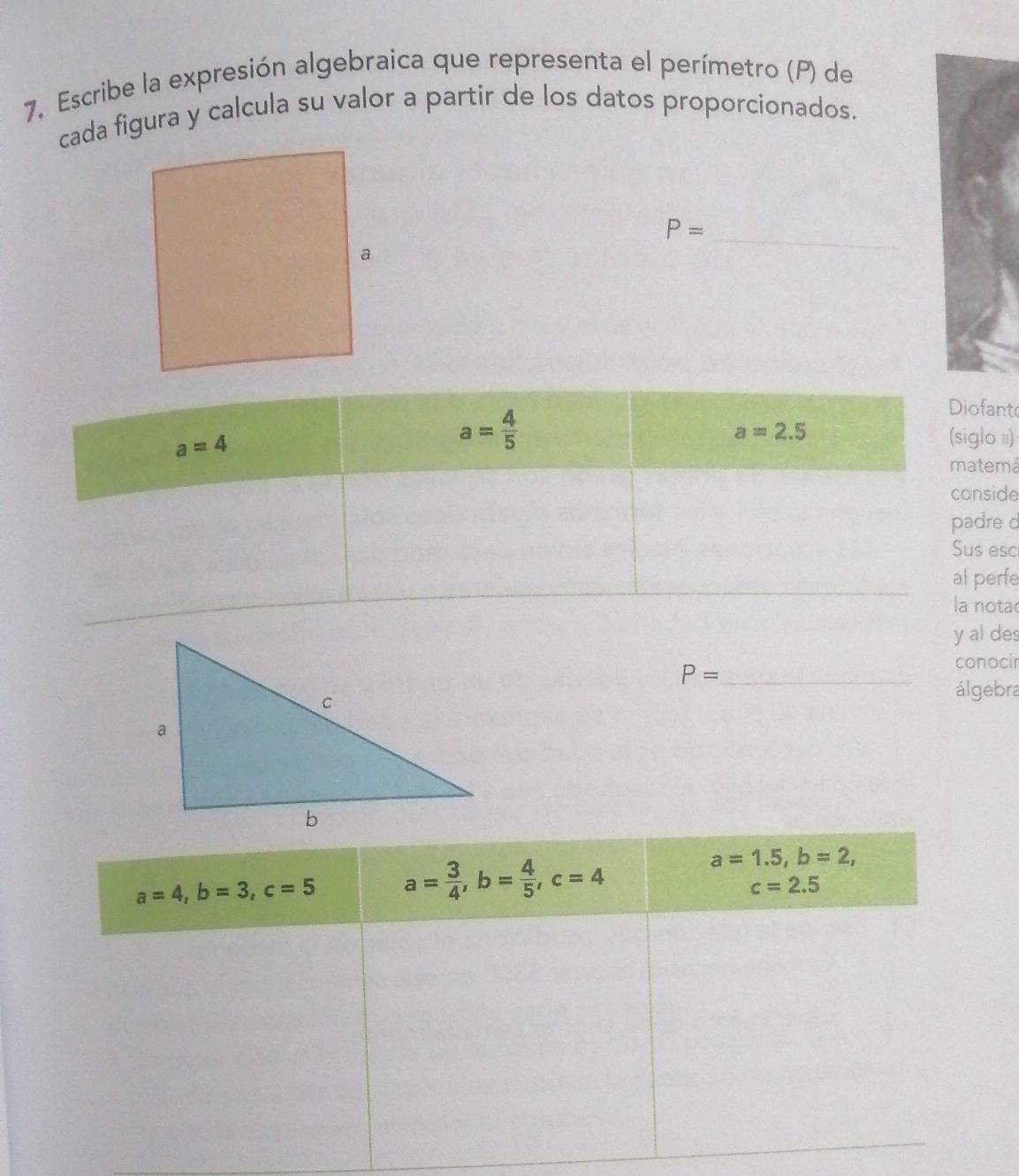 Escribe la expresión algebraica que representa el perímetro (P) de
cada figura y calcula su valor a partir de los datos proporcionados.
P=
_
fant
lo 1)
temá
side
dre d
esc
perfe
nota
y al des
_ P=
conocir
álgebra