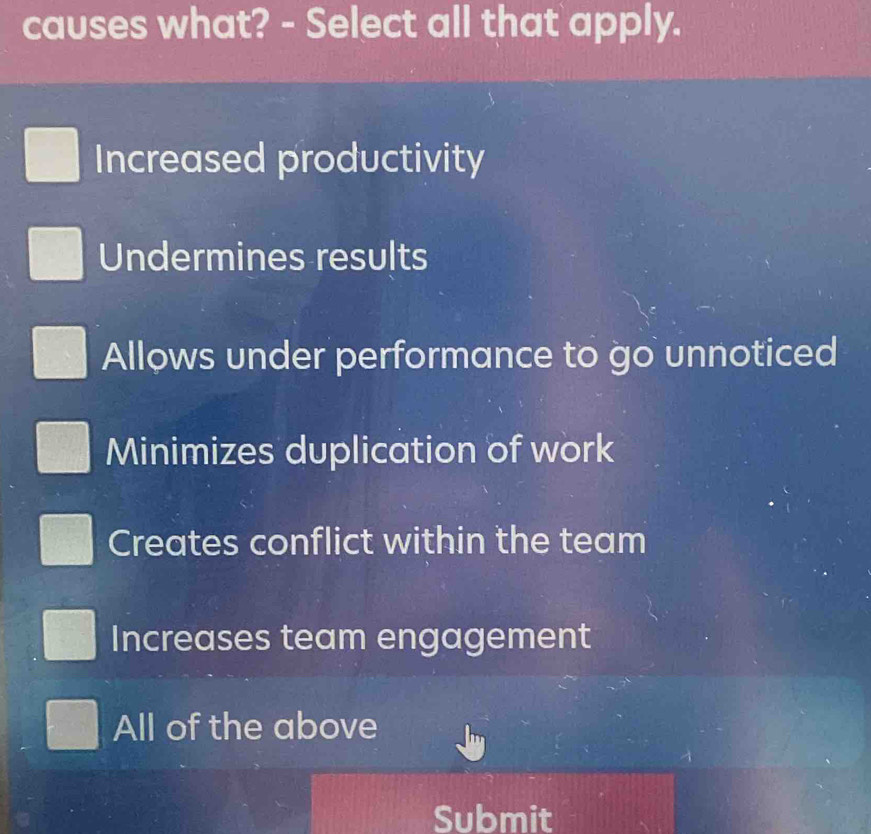 causes what? - Select all that apply.
Increased productivity
Undermines results
Allows under performance to go unnoticed
Minimizes duplication of work
Creates conflict within the team
Increases team engagement
All of the above
Submit