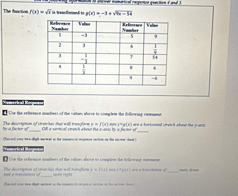 he jollowing information to answer numerical response question 4 and 5.
The function f(x)=sqrt(x) is transformed to g(x)=-3+sqrt(9x-54)
Numerical Response
Use the reference numbers of the values above to complete the following statement:
The description of stretches that will transform y=f(x) into y=g(x) are a horizontal stretch about the y-axis
by a factor of_ OR a vertical stretch about the x-axis by a factor of_
(Record your twe-digit answer in the numerical-response section on the answer sheet.)
Numerical Response
Use the reference numbers of the values above to complete the following statement:
The description of stretches that will transform y=f(x) y=g(x) are a tranzlation of_ units down
and a translation of_ units right
(Record your two-digit antwer in the mumerical-response section on the answer sheet