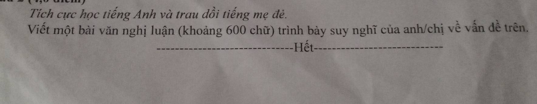 Tích cực học tiếng Anh và trau dồi tiếng mẹ đẻ. 
Viết một bài văn nghị luận (khoảng 600 chữ) trình bày suy nghĩ của anh/chị về vấn đề trên. 
_Hết_