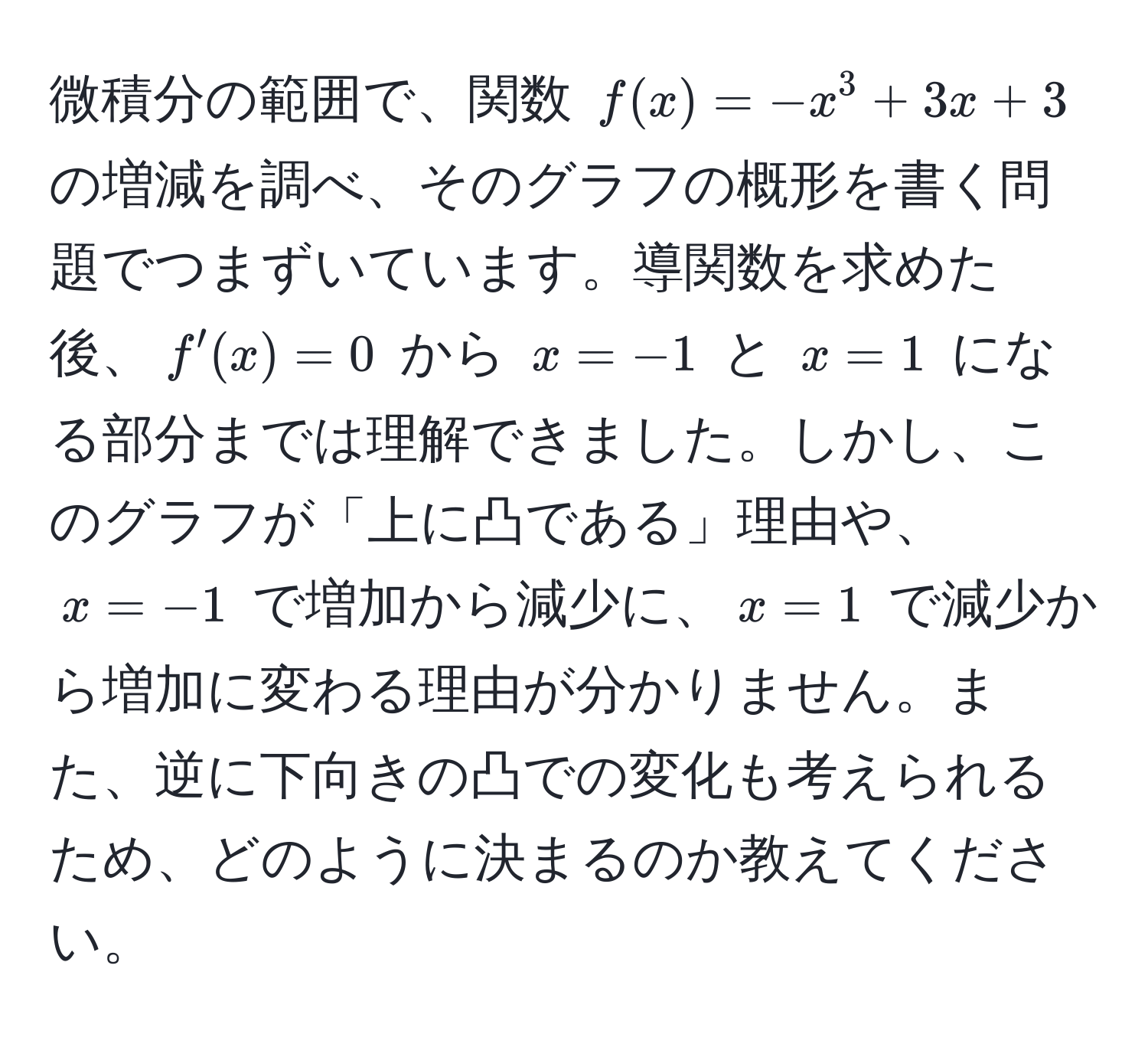 微積分の範囲で、関数 $f(x) = -x^3 + 3x + 3$ の増減を調べ、そのグラフの概形を書く問題でつまずいています。導関数を求めた後、$f'(x)=0$ から $x=-1$ と $x=1$ になる部分までは理解できました。しかし、このグラフが「上に凸である」理由や、$x=-1$ で増加から減少に、$x=1$ で減少から増加に変わる理由が分かりません。また、逆に下向きの凸での変化も考えられるため、どのように決まるのか教えてください。