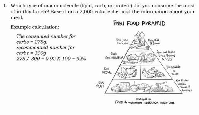 Which type of macromolecule (lipid, carb, or protein) did you consume the most 
of in this lunch? Base it on a 2,000 -calorie diet and the information about your 
meal. 
Example calculation: 
The consumed number for
carbs =275g. 
recommended number for 
carb s =300g
275/300=0.92* 100=92%
FDOD 8 nutrition research institute