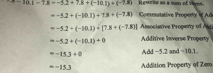 .8-10.1-7.8=-5.2+7.8+(-10.1)+(-7.8) Rewrite as a sum of terms.
=-5.2+(-10.1)+7.8+(-7.8) Commutative Property of Ad
=-5.2+(-10.1)+[7.8+(-7.8)] Associative Property of Addi
=-5.2+(-10.1)+0
Additive Inverse Property
=-15.3+0
Add −5.2 and −10.1.
=-15.3 Addition Property of Zero