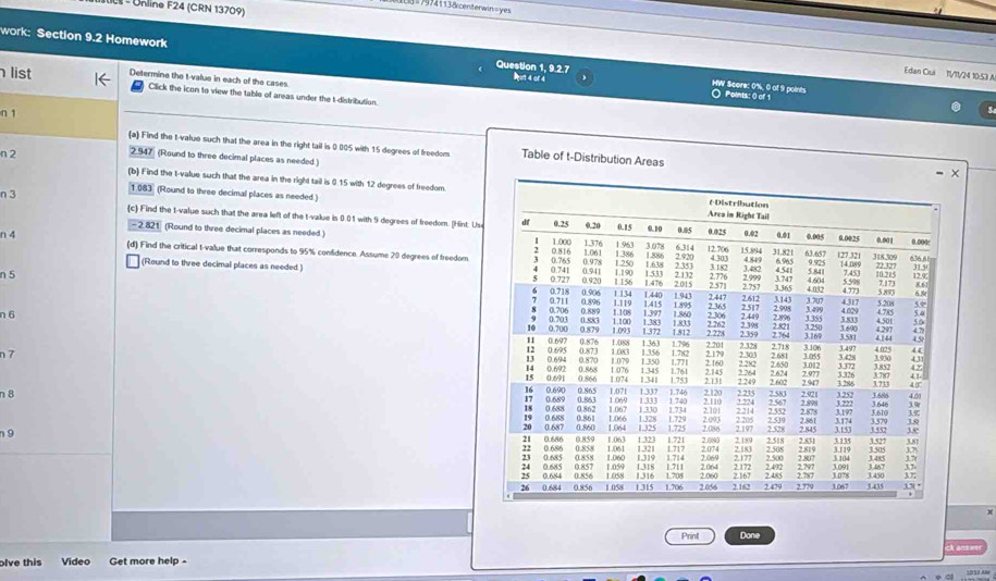 Uc - Unline F24 (CRN 13709) 
319111 3ä centerwin = yes 
work: Section 9.2 Homework Question 1, 9.2.7 bart 4 of 4 
Edan Ciui 11/11/24 10:53 A 
list Determine the t-value in each of the cases O Points: 0 of 1
HW Score: 0%, 0 of 9 points 
Click the icon to view the table of areas under the t-distribution. 
n 1
(a) Find the t-value such that the area in the right tail is 0.005 with 15 degrees of freedom Table of t-Distribution Areas 
n 2 2.947 (Round to three decimal places as needed.) 
(b) Find the t-value such that the area in the right tail is 0.15 with 12 degrees of freedom
n 3
1.083 (Round to three decimal places as needed.) 
(c) Find the t-value such that the area left of the t-value is 0.01 with 9 degrees of freedom. (Hint. U
- 2.821 (Round to three decimal places as needed.)
n 4
(d) Find the critical t-value that corresponds to 95% confidence. Assume 20 degrees of freedom 
n 5
(Round to three decimal places as needed )
n6
n7
n8
9 
x 
Prinl Done 
ck and 
lve this Video Get more help - 
1353 Ab