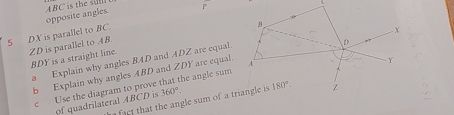 ABC is the s 
opposite angles.
P
5 DX is parallel to BC.
ZD is parallel to AB.
BDY is a straight line.
a Explain why angles BAD and ADZ are equal.
b Explain why angles ABD and ZDY are equal.
c Use the diagram to prove that the angle sum
act  h t the ngle sum of a triangle is 
of quadrilateral ABCD is 360°.