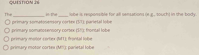 The _in the _lobe is responsible for all sensations (e.g., touch) in the body.
primary somatosensory cortex (S1); parietal lobe
primary somatosensory cortex (S1); frontal lobe
primary motor cortex (M1); frontal lobe
primary motor cortex (M1); parietal lobe