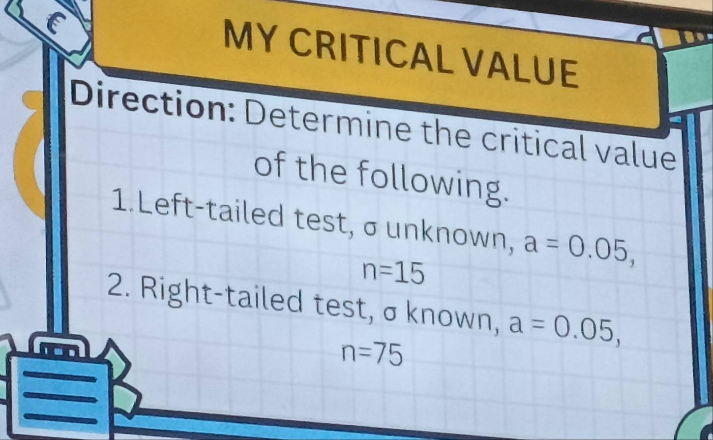 MY CRITICAL VALUE 
Direction: Determine the critical value 
of the following. 
1.Left-tailed test, σ unknown, a=0.05,
n=15
2. Right-tailed test, σ known, a=0.05,
n=75