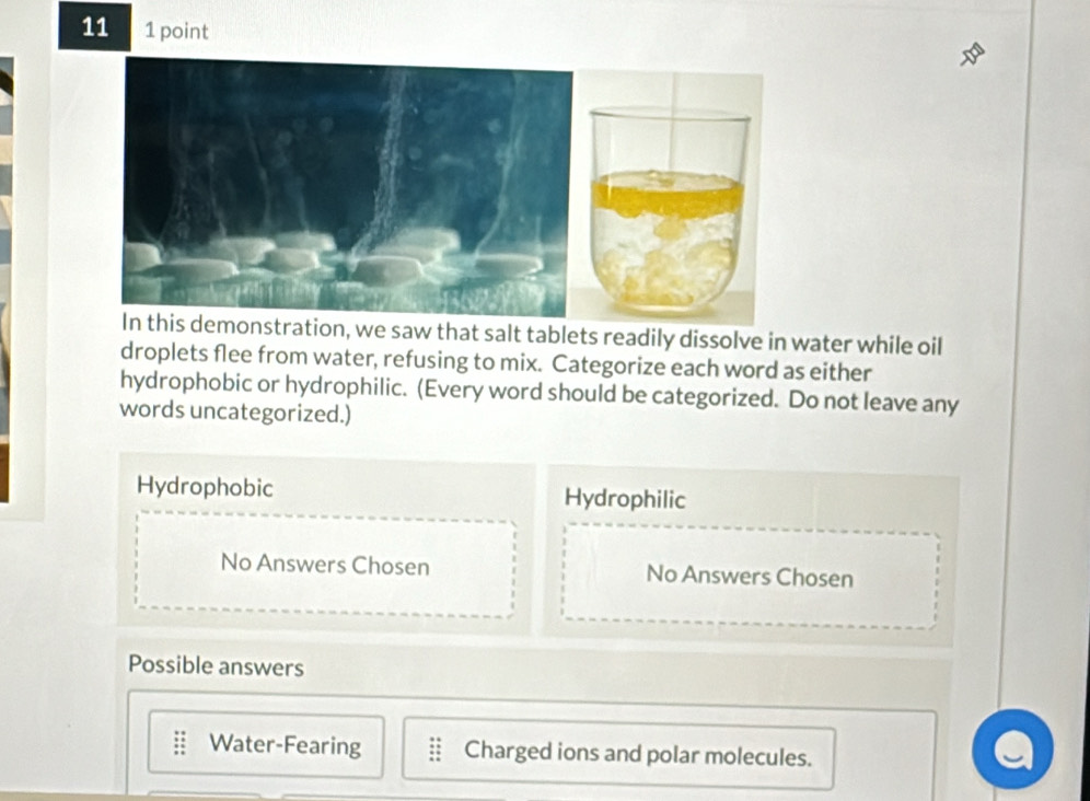 11 1 point
ation, we saw that salt tablets readily dissolve in water while oil
droplets flee from water, refusing to mix. Categorize each word as either
hydrophobic or hydrophilic. (Every word should be categorized. Do not leave any
words uncategorized.)
Hydrophobic Hydrophilic
No Answers Chosen No Answers Chosen
Possible answers
Water-Fearing Charged ions and polar molecules.