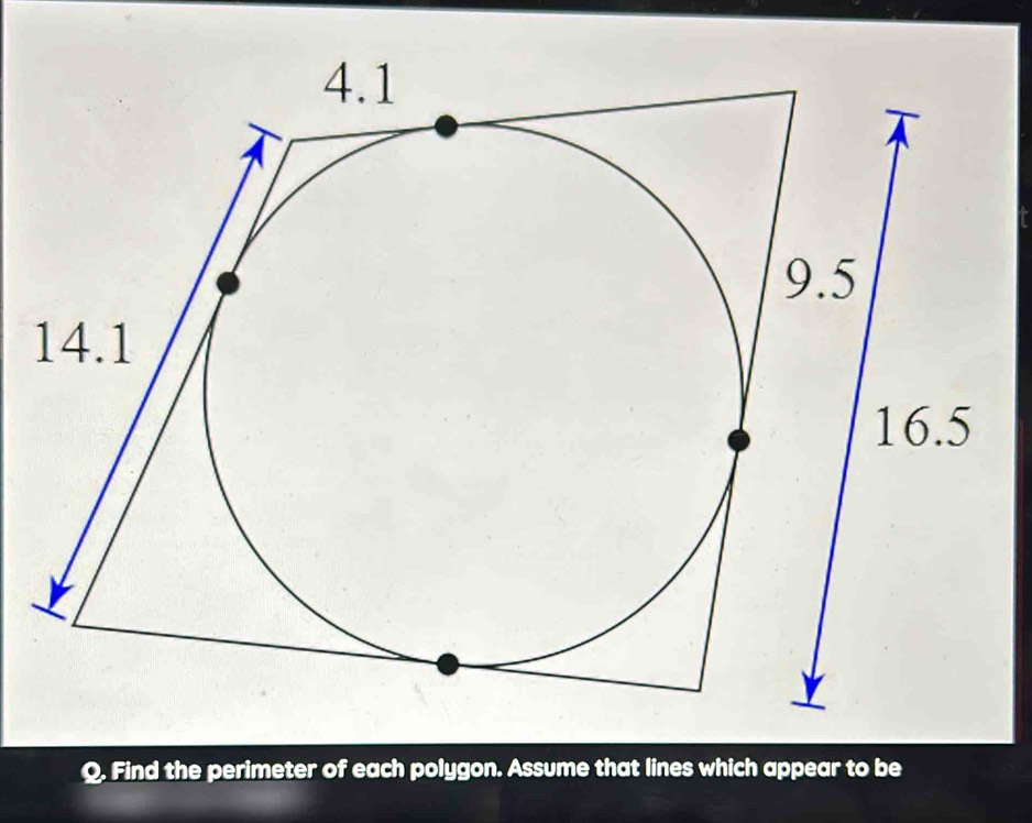 Find the perimeter of each polygon. Assume that lines which appear to be