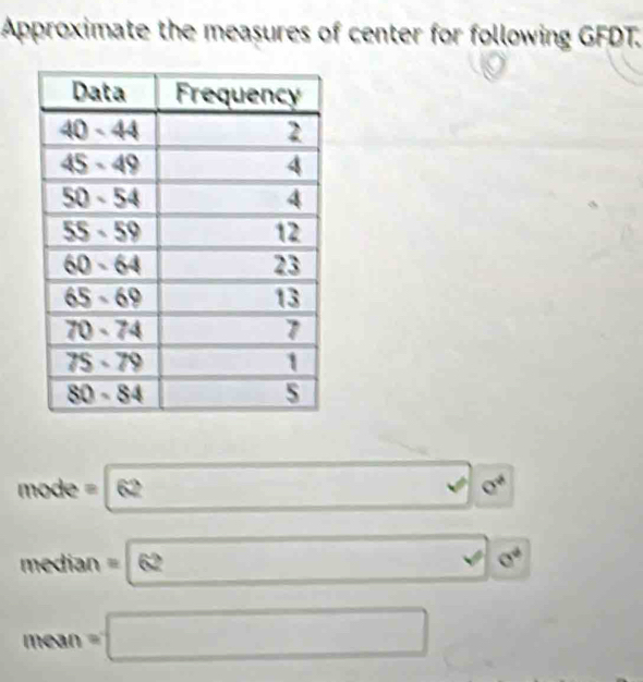 Approximate the measures of center for following GFDT.
vector Q
median=62 surd a°
mean=□