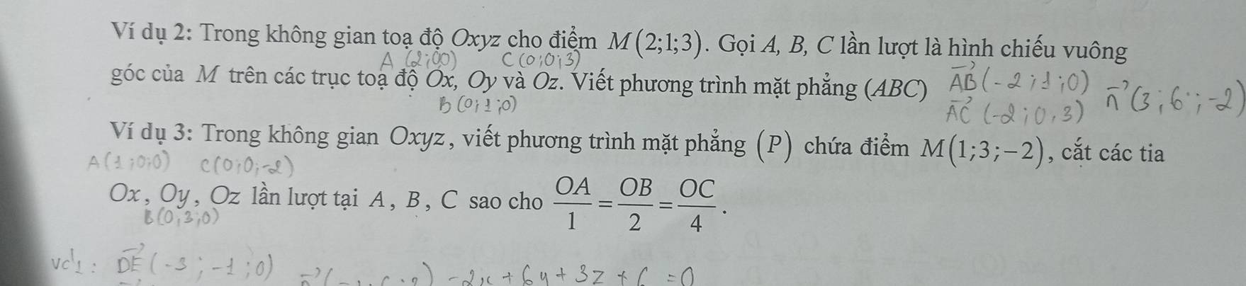 Ví dụ 2: Trong không gian toạ độ Oxyz cho điểm M(2;1;3). Gọi A, B, C lần lượt là hình chiếu vuông 
góc của M trên các trục toạ độ Ox, Oy và Oz. Viết phương trình mặt phẳng (ABC) 
Ví dụ 3: Trong không gian Oxyz, viết phương trình mặt phẳng (P) chứa điểm M(1;3;-2) , cắt các tia
X 、 Oy , Oz lần lượt tại A , B , C sao cho  OA/1 = OB/2 = OC/4 .