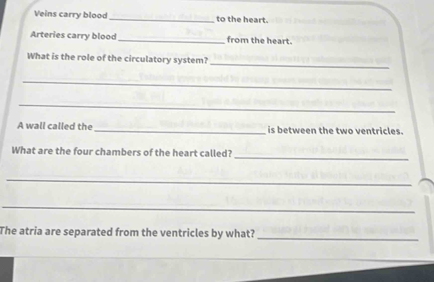 Veins carry blood _to the heart. 
Arteries carry blood _from the heart. 
_ 
What is the role of the circulatory system? 
_ 
_ 
A wall called the_ is between the two ventricles. 
_ 
What are the four chambers of the heart called? 
_ 
_ 
The atria are separated from the ventricles by what?_ 
_ 
_