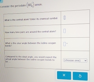 Consider the periodate (IO_4^-) anion. 
×