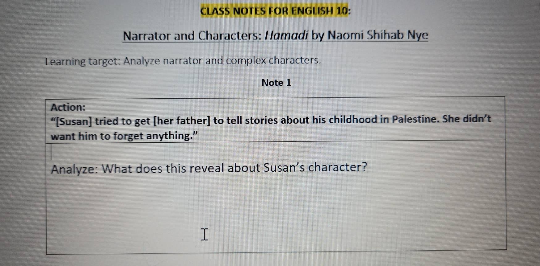 CLASS NOTES FOR ENGLISH 10: 
Narrator and Characters: Hamadi by Naomi Shihab Nye 
Learning target: Analyze narrator and complex characters. 
Note 1