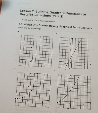 Lesson 7: Building Quadratic Functions to 
Describe Situations (Part 3) 
Let's look at how to mindmize revenue 
7.1: Which One Doesn't Belong: Graphs of Four Functions 
Which one doesn't belong? 
A 
C 
D