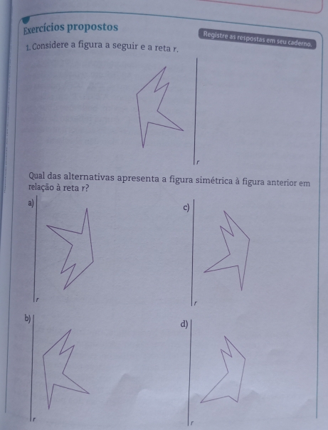 Exercícios propostos
Registre as respostas em seu caderno.
1. Considere a figura a seguir e a reta r.
Qual das alternativas apresenta a figura simétrica à figura anterior em
relação à reta r?
a)
c)
b)
d)