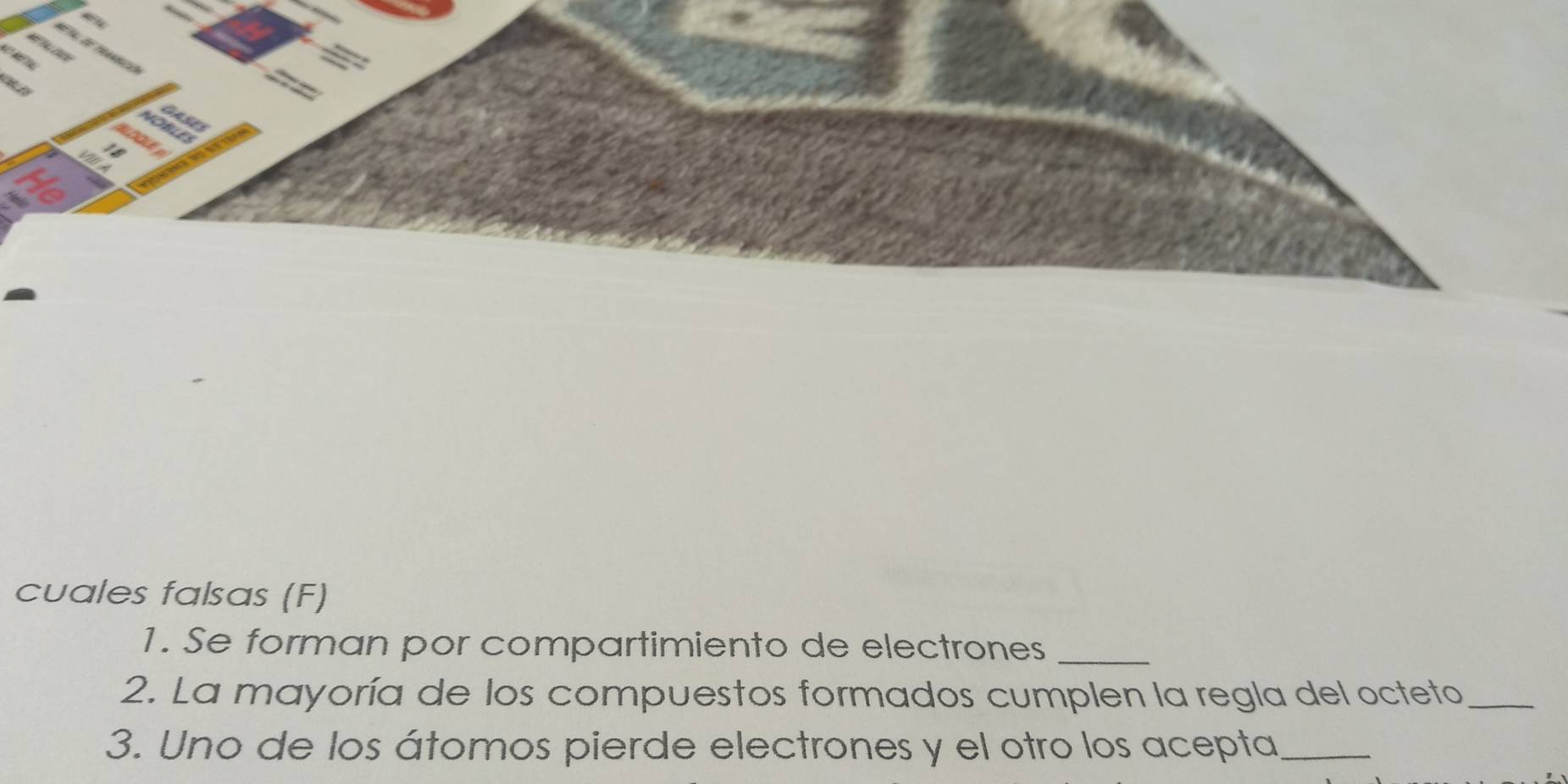 cuales falsas (F) 
1. Se forman por compartimiento de electrones_ 
2. La mayoría de los compuestos formados cumplen la regla del octeto_ 
3. Uno de los átomos pierde electrones y el otro los acepta_