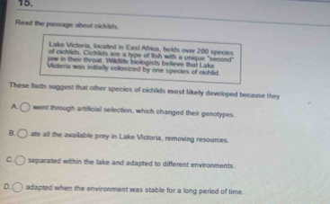 Read the passage about cichlids.
Lake Victoria, locatted in East Africa, holds over 200 species
of cichlids. Cichlids are a type of fish with a unique "second"
jaw in their throat. Wildife biologists believe that Lake
Victoria was initially colonized by one species of cichlid.
These facts suggest that other species of cichlids most likely developed because they
A went through artificial selection, which changed their genotypes
B. ate all the available prey in Lake Victoria, removing resources.
C separated within the lake and adapted to different environments.
D adapted when the environment was stable for a long period of time.