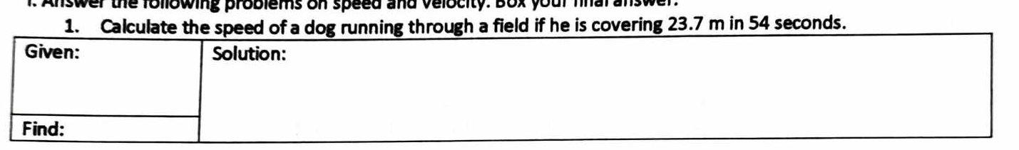 Answer the following problems on speed and velocity. Box your fnalanswe 
1. Calculate the speed of a dog running through a field if he is covering 23.7 m in 54 seconds.