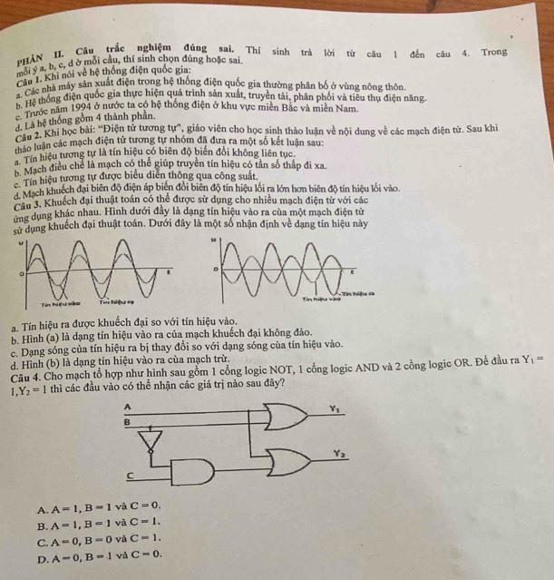 PHÀN II. Câu trắc nghiệm đúng sai. Thí sinh trả lời từ câu 1 đến câu 4. Trong
Phy a. b. c, d ở môi câu, thí sinh chọn đúng hoặc sai.
Cầu 1. Khi nói về hệ thống điện quốc gia:
*  Các nhà máy sản xuất điện trong hệ thống điện quốc gia thường phân bố ở vùng nông thôn
bộ Hệ thống điện quốc gia thực hiện quá trình sản xuất, truyền tải, phân phối và tiêu thụ điện năng.
c. Trước năm 1994 ở nước ta có hệ thống điện ở khu vực miền Bắc và miền Nam.
đ. Là hệ thống gồm 4 thành phần.
Câu 2. Khi học bài: “Điện tử tương tự", giáo viên cho học sinh thảo luận về nội dung về các mạch điện tử. Sau khi
lháo luận các mạch điện tử tương tự nhóm đã đưa ra một số kết luận sau:
Tín hiệu tương tự là tín hiệu có biên độ biến đổi không liên tục.
Mạch điều chế là mạch có thể giúp truyền tín hiệu có tần số thấp đi xa.
Tín hiệu tương tự được biểu diễn thông qua công suất
. Mạch khuệch đại biên độ điện áp biên đổi biên độ tín hiệu lối ra lớn hơn biên độ tín hiệu lối vào.
Câu 3. Khuếch đại thuật toán có thể được sử dụng cho nhiều mạch điện từ với các
ứng dụng khác nhau. Hình dưới đầy là dạng tín hiệu vào ra cùa một mạch điện tử
sử dụng khuếch đại thuật toán. Dưới đây là một số nhận định về dạng tín hiệu này
a. Tín hiệu ra được khuếch đại so với tín hiệu vào.
b. Hình (a) là dạng tín hiệu vào ra của mạch khuếch đại không đảo.
c. Dạng sóng của tín hiệu ra bị thay đổi so với dạng sóng của tín hiệu vào.
d. Hình (b) là dạng tín hiệu vào ra cùa mạch trừ.
Câu 4. Cho mạch tổ hợp như hình sau gồm 1 cổng logic NOT, 1 cổng logic AND và 2 cồng logic OR. Để đầu ra Y_1=
1 Y_2=1 thì các đầu vào có thể nhận các giá trị nào sau đây?
A. A=1,B=1 và C=0.
B. A=1,B=1 và C=1.
C. A=0,B=0 và C=1.
D. A=0,B=1 và C=0.
