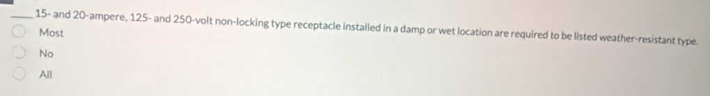 15 - and 20 -ampere, 125 - and 250 -volt non-locking type receptacle installed in a damp or wet location are required to be listed weather-resistant type.
Most
No
All