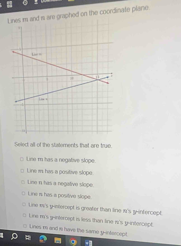 and n are graphed on the coordinate plane.
Select all of the statements that are true.
Line m has a negative slope.
Line m has a positive slope.
Line n has a negative slope.
Line n has a positive slope.
Line m's y-intercept is greater than line n 's y-intercept.
Line m 's y-intercept is less than line n 's y-intercept.
Lines m and n have the same y-intercept.