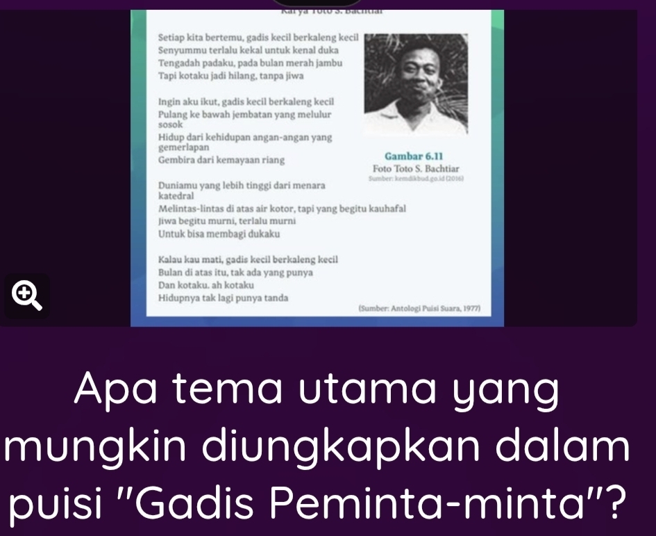 Nar ya 10t0 3. Dachtial 
Setiap kita bertemu, gadis kecil berkaleng keci 
Senyummu terlalu kekal untuk kenal duka 
Tengadah padaku, pada bulan merah jambu 
Tapi kotaku jadi hilang, tanpa jiwa 
Ingin aku ikut, gadis kecil berkaleng kecil 
Pulang ke bawah jembatan yang melulur 
sosok 
Hidup dari kehidupan angan-angan yang 
gemerlapan 
Gembira dari kemayaan riang Gambar 6.11 
Foto Toto S. Bachtiar 
Duniamu yang lebih tinggi dari menara Sumber: kemdikbud.go.id (2016) 
katedral 
Melintas-lintas di atas air kotor, tapi yang begitu kauhafal 
Jiwa begitu murni, terlalu murni 
Untuk bisa membagi dukaku 
Kalau kau mati, gadis kecil berkaleng kecil 
Bulan di atas itu, tak ada yang punya 
Q 
Dan kotaku. ah kotaku 
Hidupnya tak lagi punya tanda 
(Sumber: Antologi Puisi Suara, 1977) 
Apa tema utama yang 
mungkin diungkapkan dalam 
puisi ''Gadis Peminta-minta''?